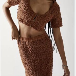 Free People Endless Summer Double The Fun Skirt Set Smocked Crop Cardi Top Brown